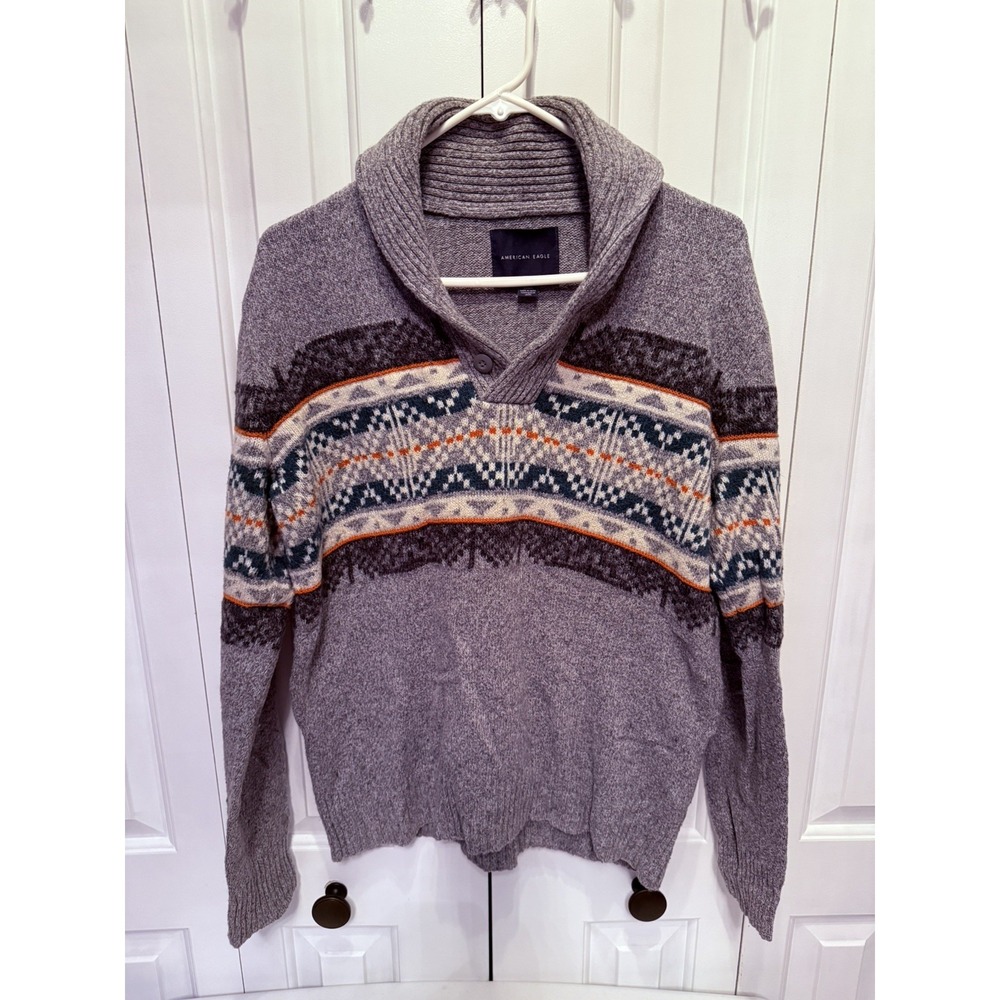 American Eagle Mens Sweater M  Gray Geometric Shawl Collar Button Pullover
